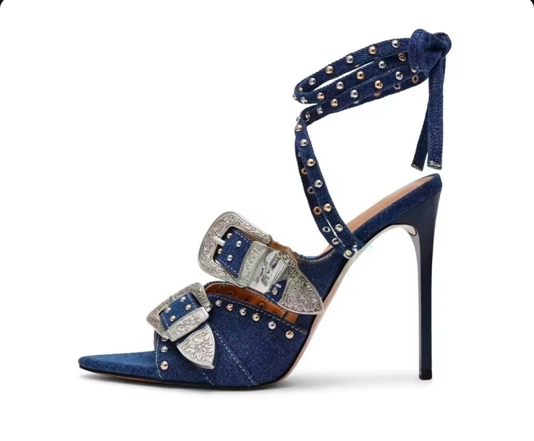 Denim Buckle Strap Studded Sandal High Heels