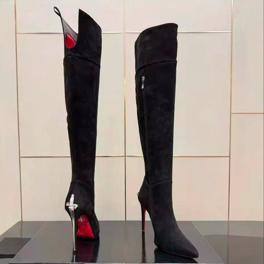 Black Suede Sword Shaped High Heel Boots