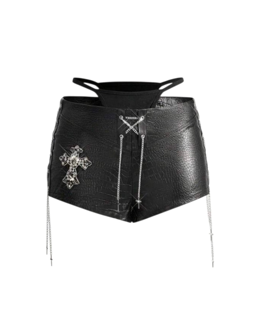 2pcs Leather Lace-Up Chain Low Waist Shorts Bikini Set