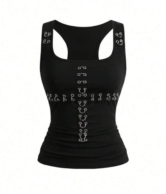 Black Rivet Tank Top – Bold Y2K Sleeveless Crop Top