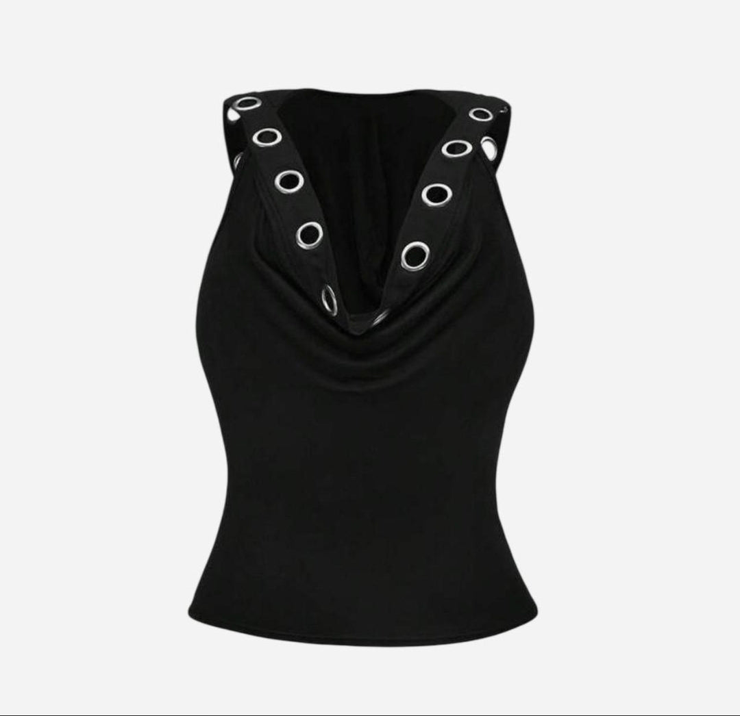 Black Eyelet Metal Hooded Tank Top