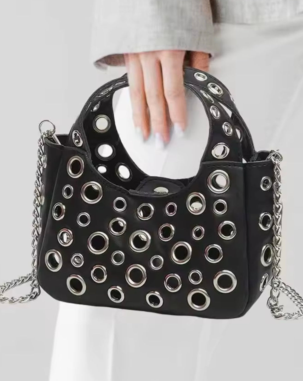 Leather Silver Eyelets Shoulder Chain Handbag