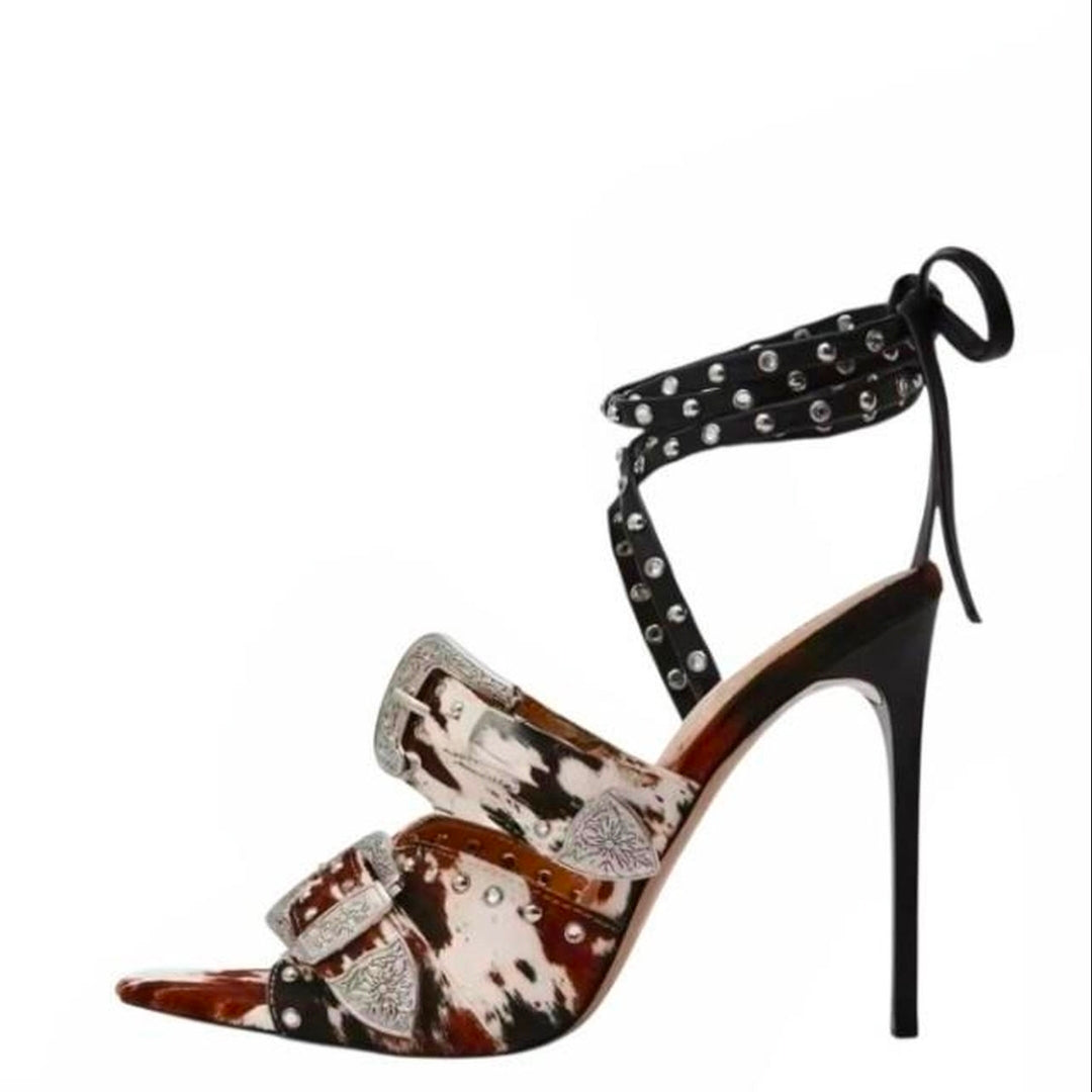 Denim Buckle Strap Studded Sandal High Heels