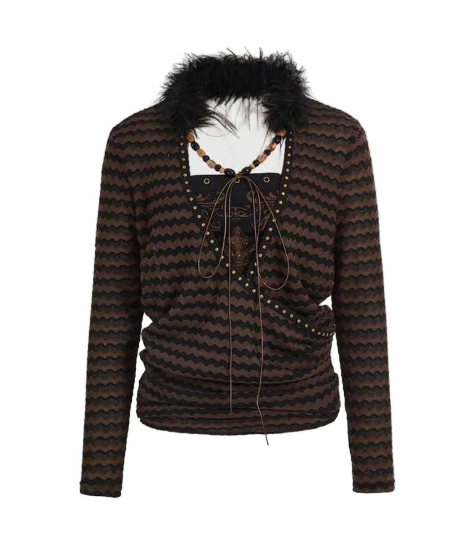 Striped Fur Collar Beaded Halter Top