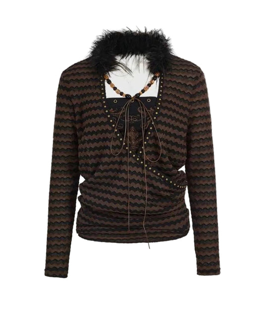 Striped Fur Collar Beaded Halter Top