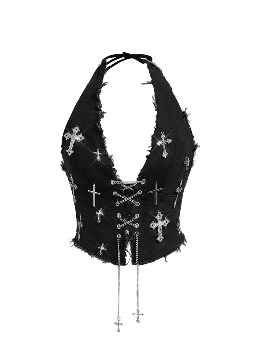 Denim Silver Chain Silver Cross  Halter Top