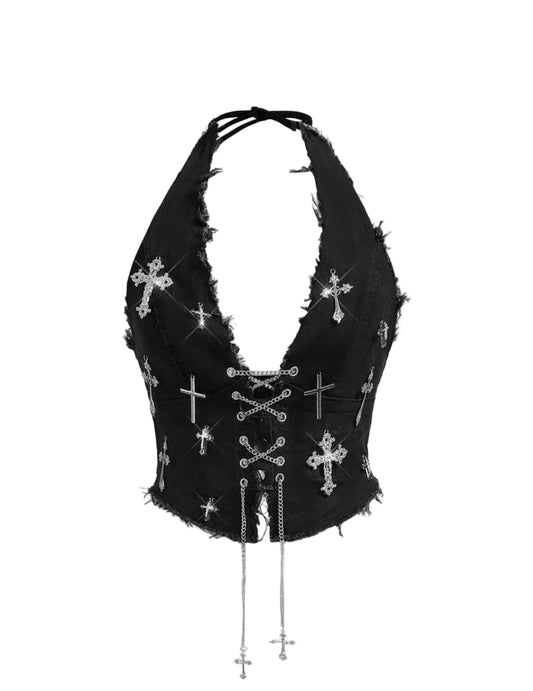 Denim Silver Chain Silver Cross  Halter Top