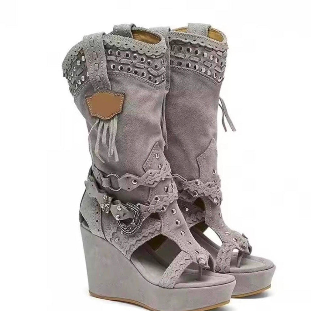 Cowboy Wedge Tassel Fringe Rivet Sandal Boots