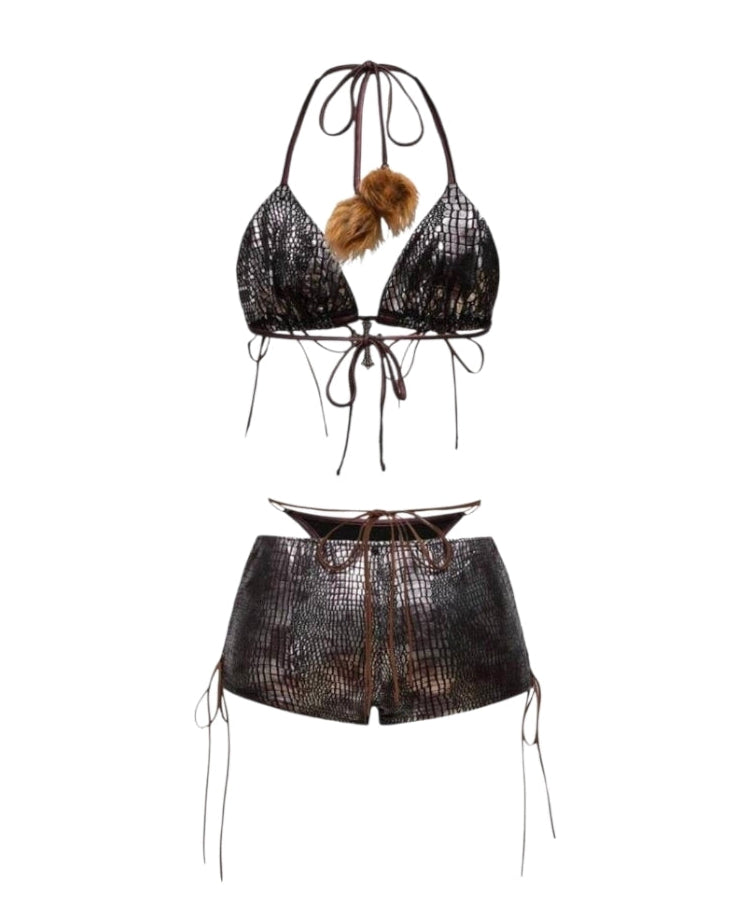 2PCS Leather Lace-Up Bikini Top Shorts Sets