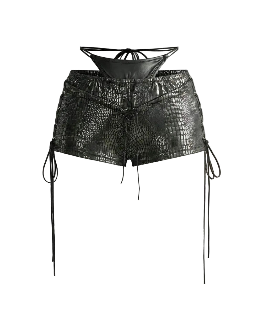 2PCS Leather Lace-Up Bikini Top Shorts Sets