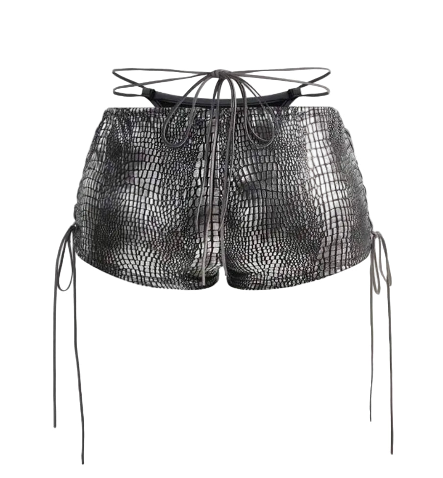 2PCS Leather Lace-Up Bikini Top Shorts Sets