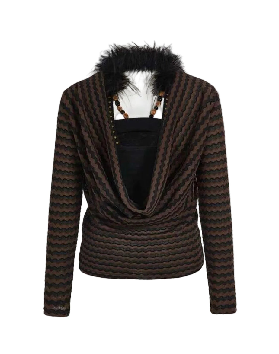 Striped Fur Collar Beaded Halter Top