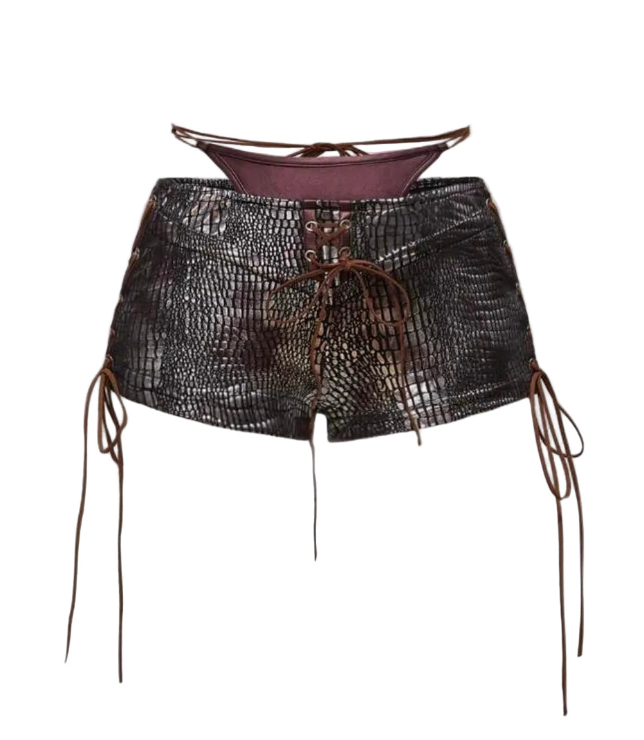 2PCS Leather Lace-Up Bikini Top Shorts Sets