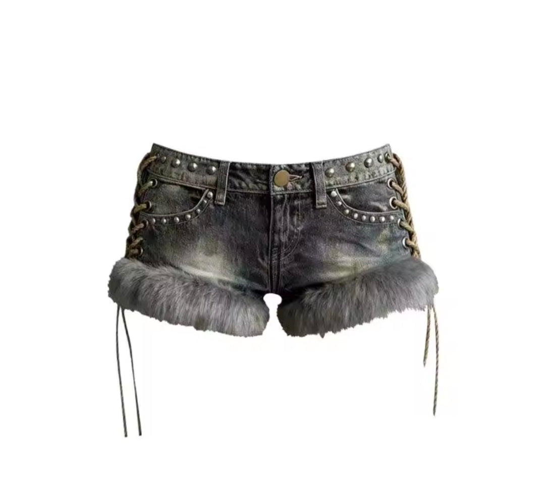 Retro Y2K Denim Fluff Fur Trim Shorts