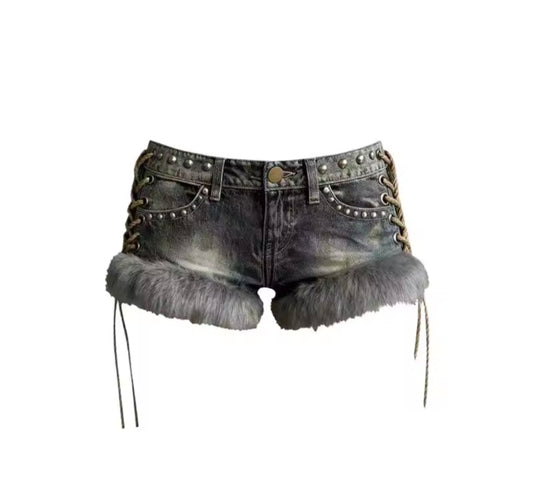 Retro Y2K Denim Fluff Fur Trim Shorts