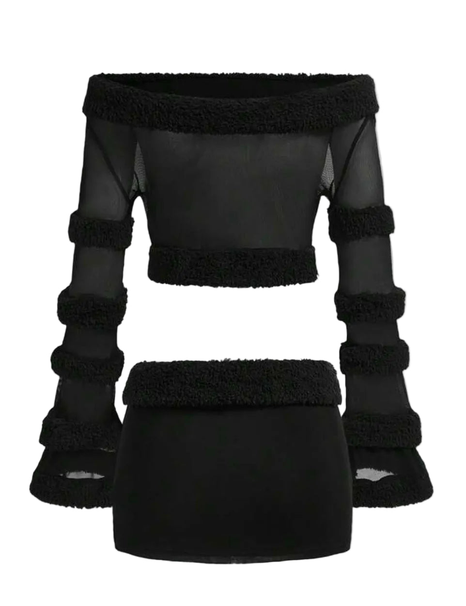 2PCS Off-Shoulder Mesh Fur Trim Low Waist Skirt