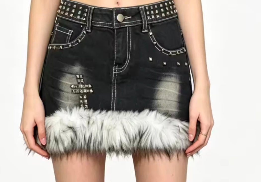 Retro Denim Cross-Studded Fur Hem Y2K Mini Skirt