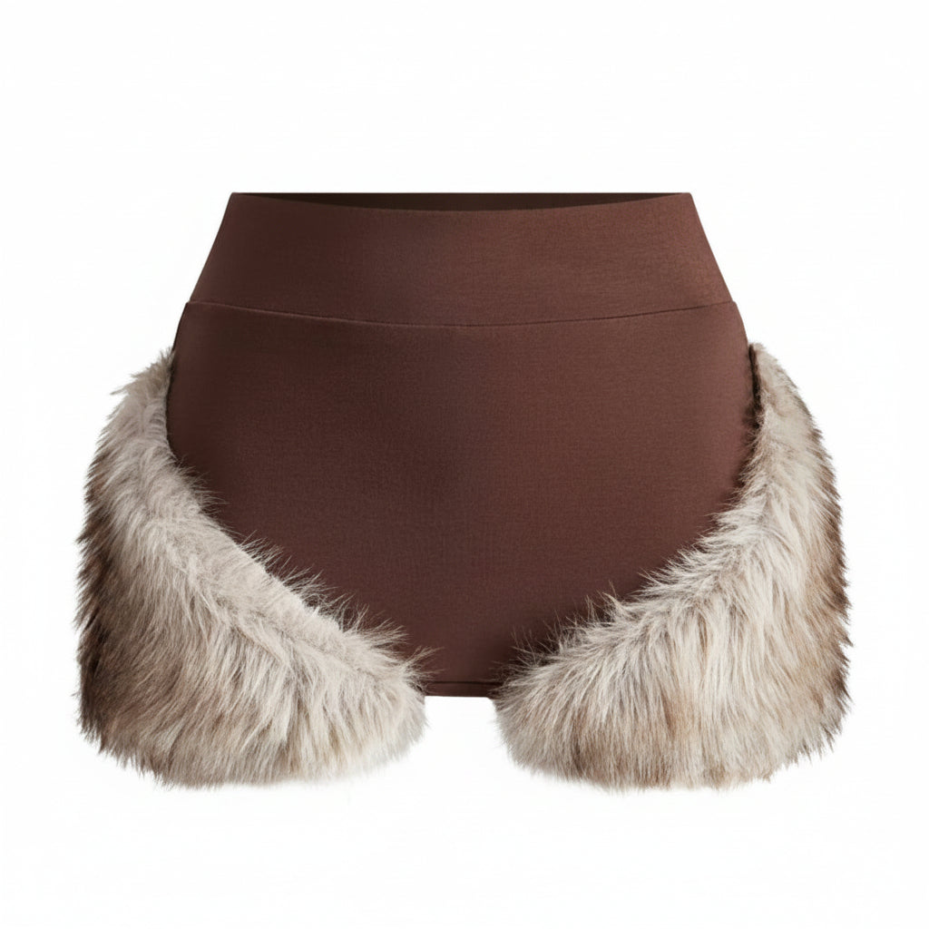 2PCS Brown Fur Patchwork Chain Halter Mini Skirt Set