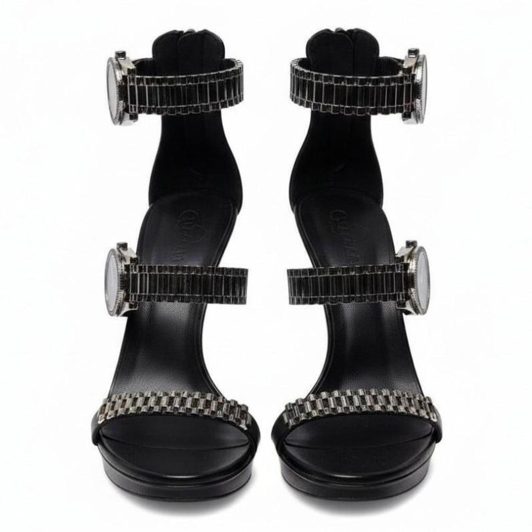 Silver Watch Embellished Strap Open Toe High Heels