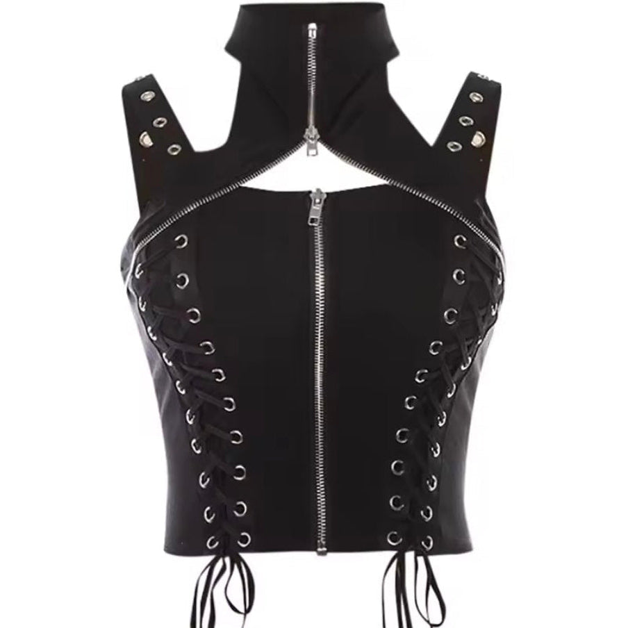 Y2K Retro Sleeveless Eyelet Lace-Up Zipper Top