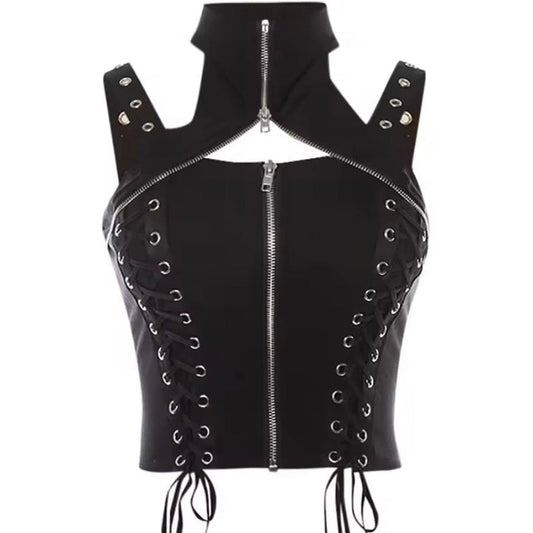 Y2K Retro Sleeveless Eyelet Lace-Up Zipper Top