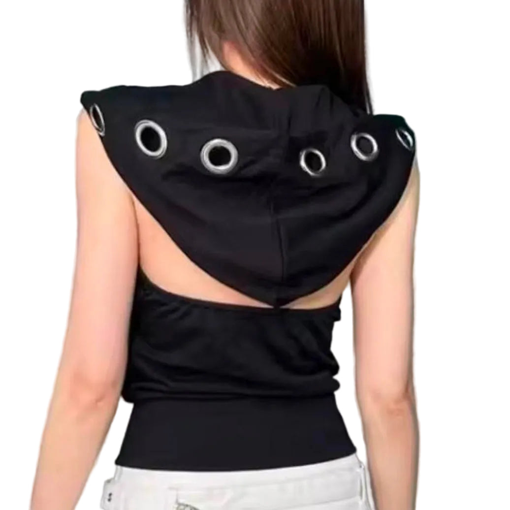 Y2K Sleeveless Silver Eyelets Cross Hoodie Tank Top