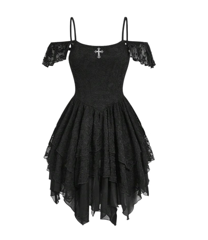 Lace Mesh Off The Shoulder Layered Asymmetric Dress