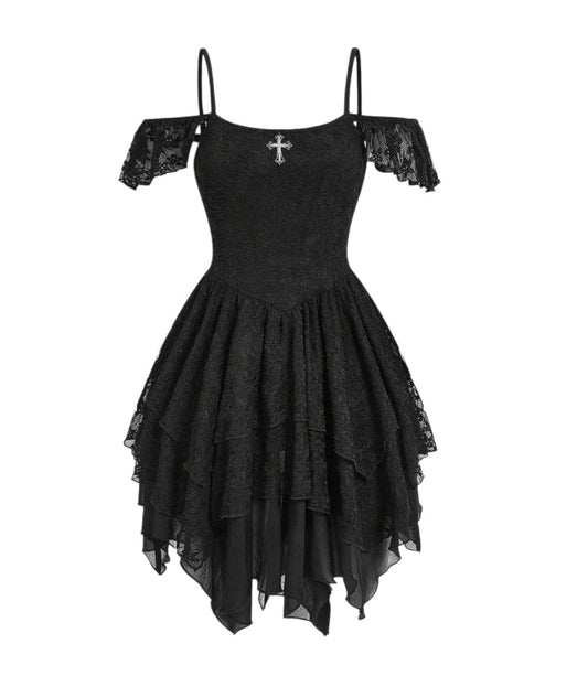 Lace Mesh Off The Shoulder Layered Asymmetric Dress