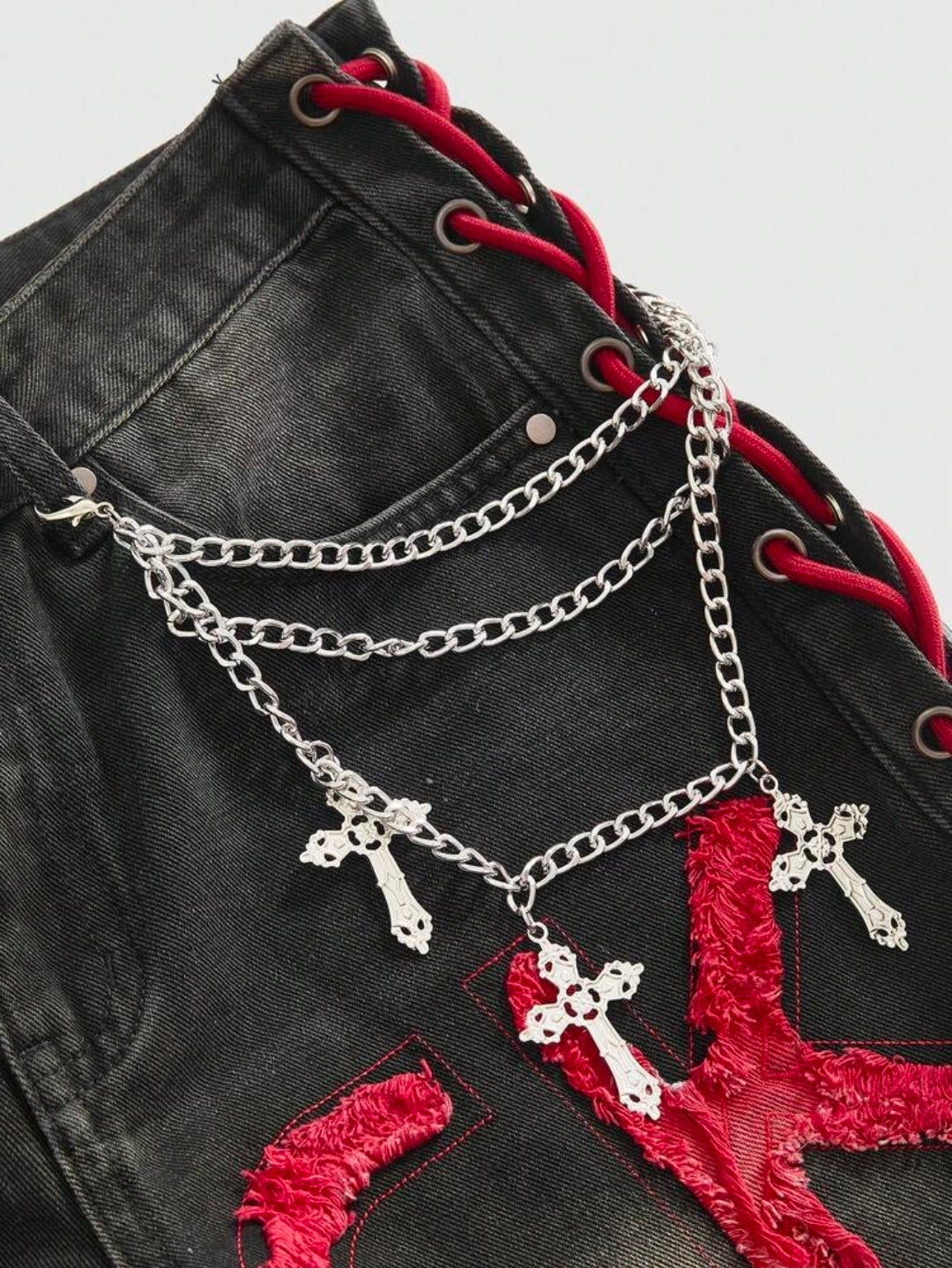 Star Lace-Up Denim Shorts with Cross Chain Detail