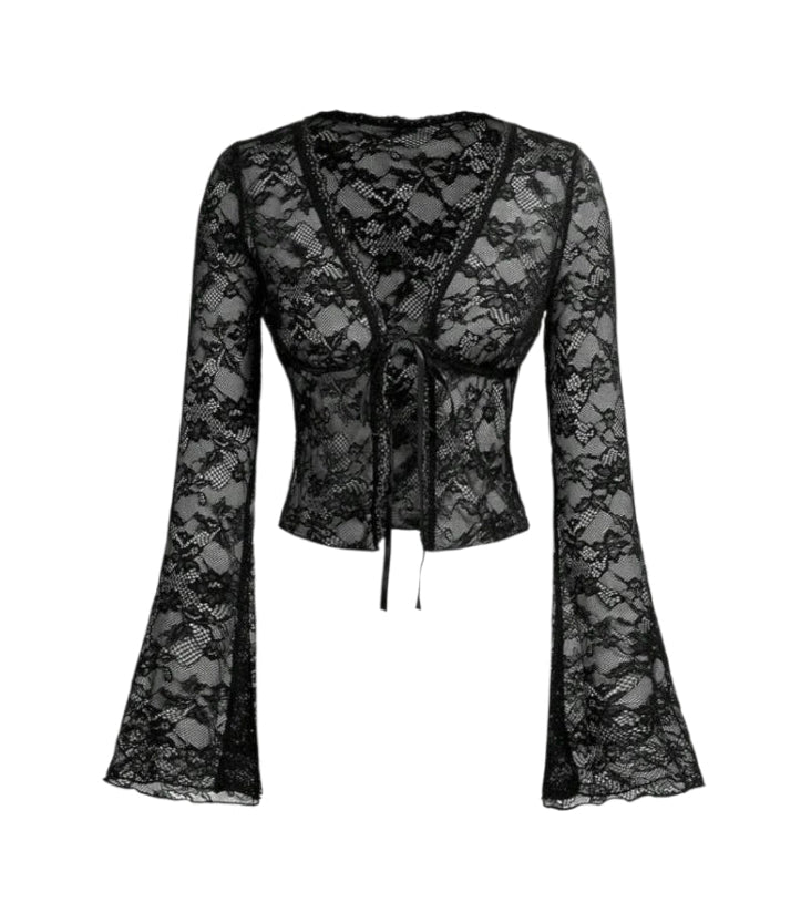 2PCS Mesh Lace Flare Sleeves Top Ruffle Shorts Sets