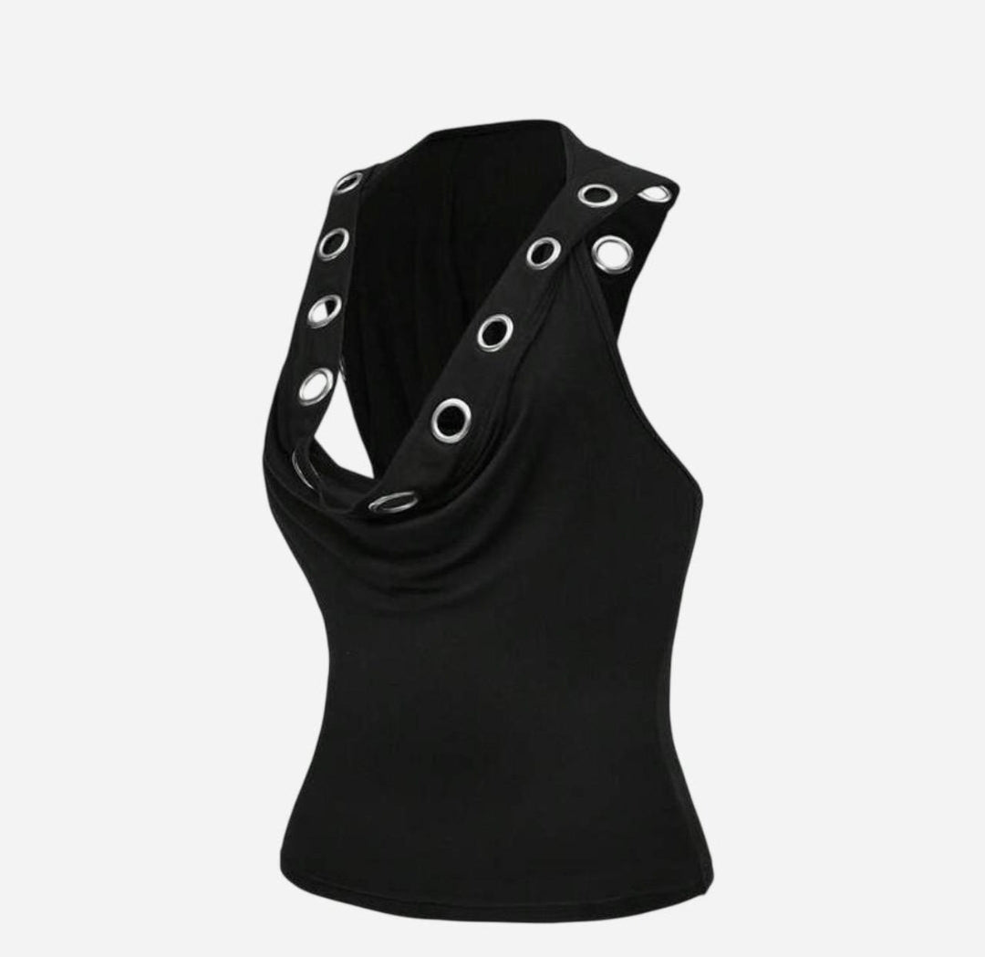 Black Eyelet Metal Hooded Tank Top