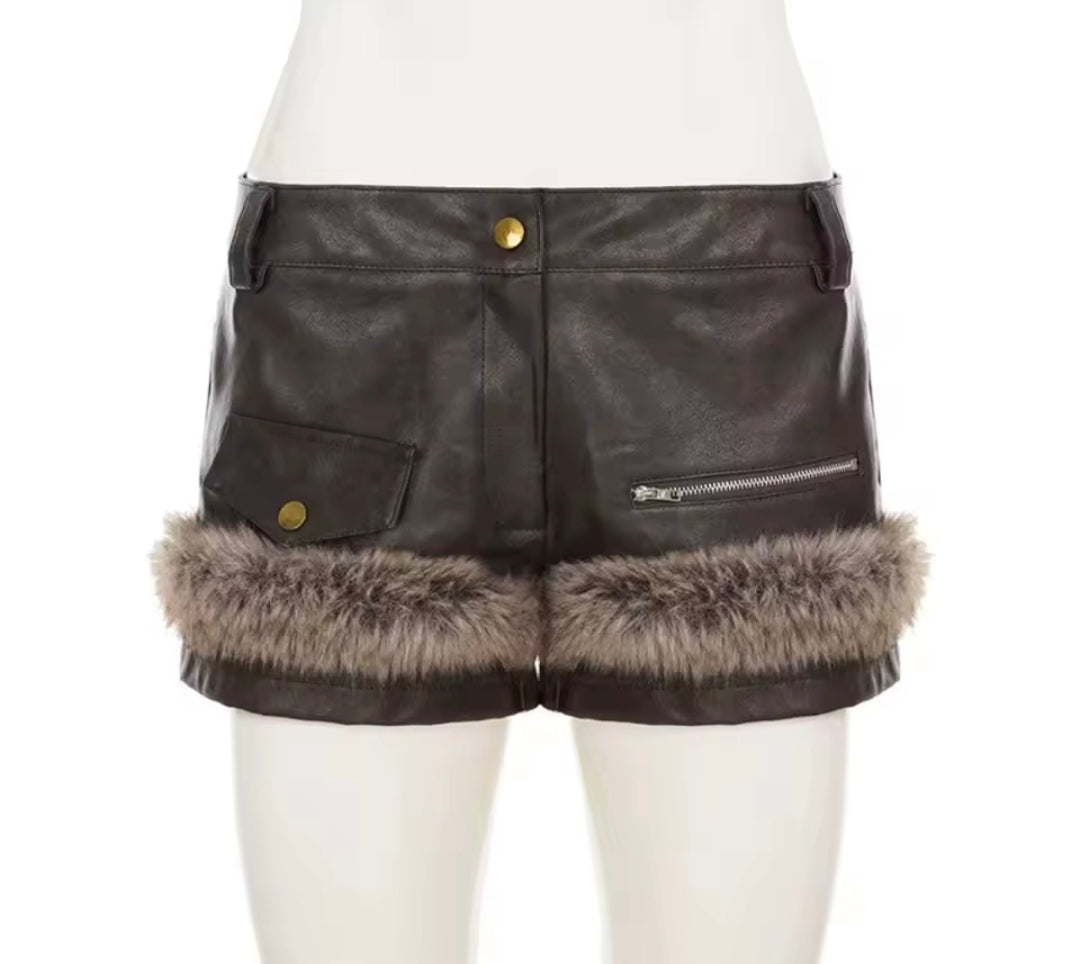 Y2K Leather Fur Patchwork Low Rise Shorts