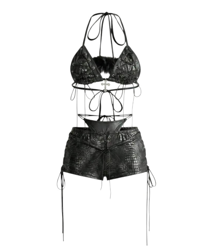 2PCS Leather Lace-Up Bikini Top Shorts Sets