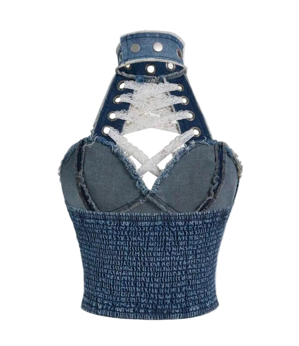 Denim Lace-Up Rivet Halter Top