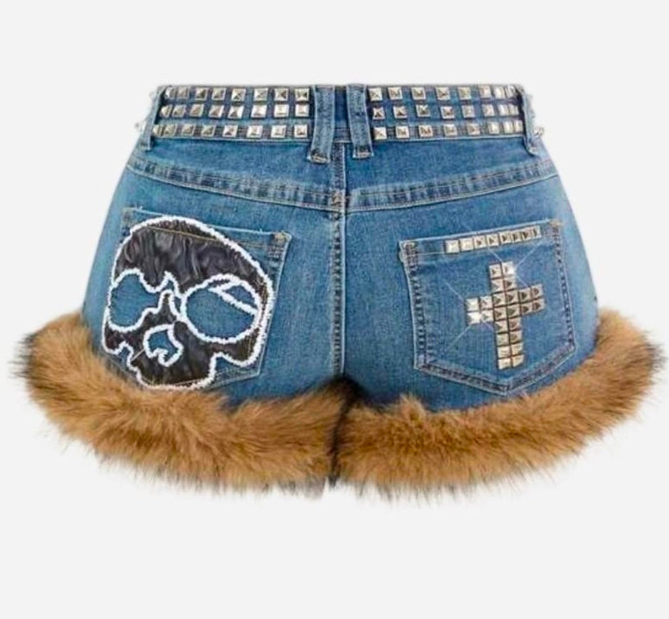 Denim Low Waist Studded Patchwork Shorts