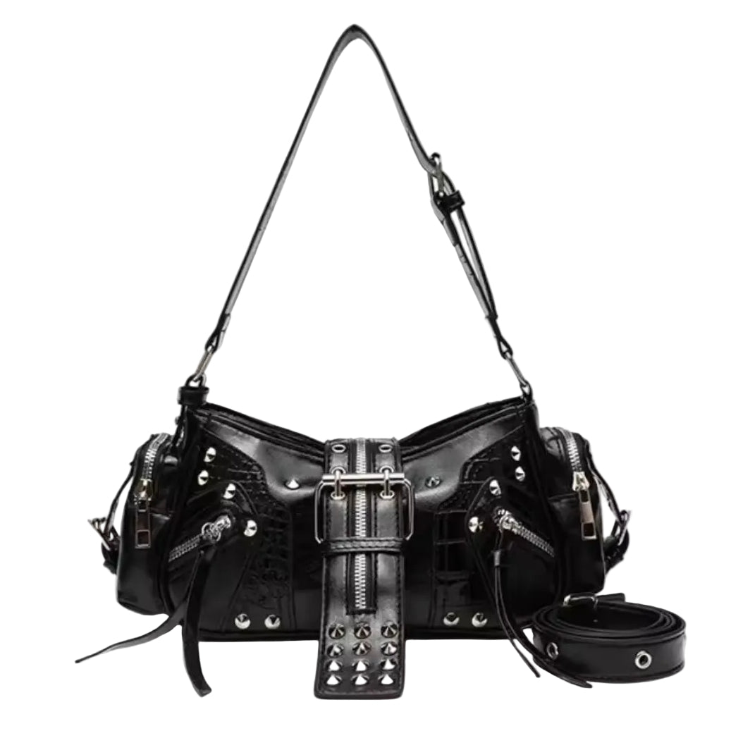 Studded Buckle Black Multi-Pocket Handbag