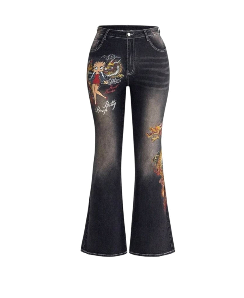 Betty Boop Denim Dragon Print Flare Jeans