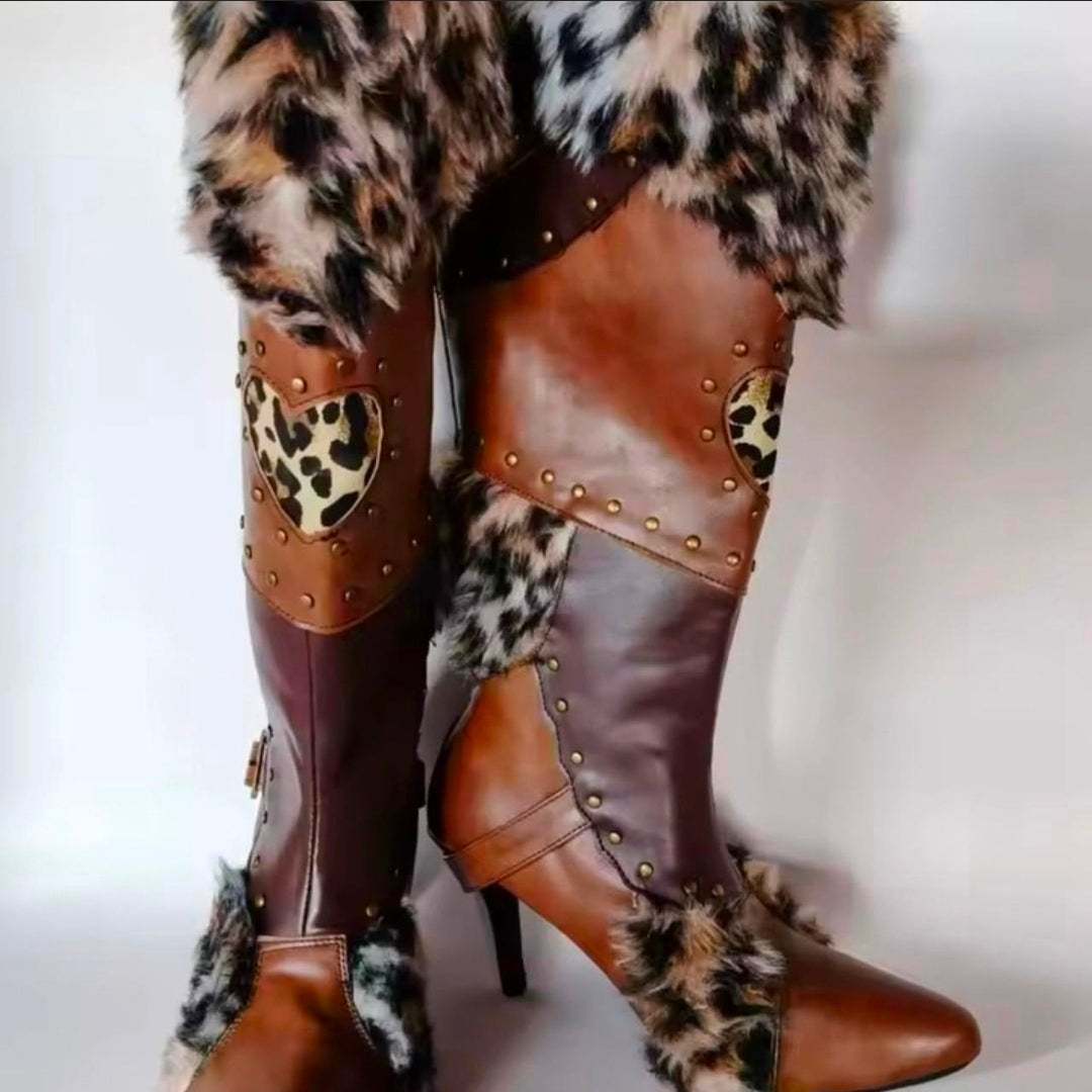 Leopard Fur Studded Knee High Heel Boots