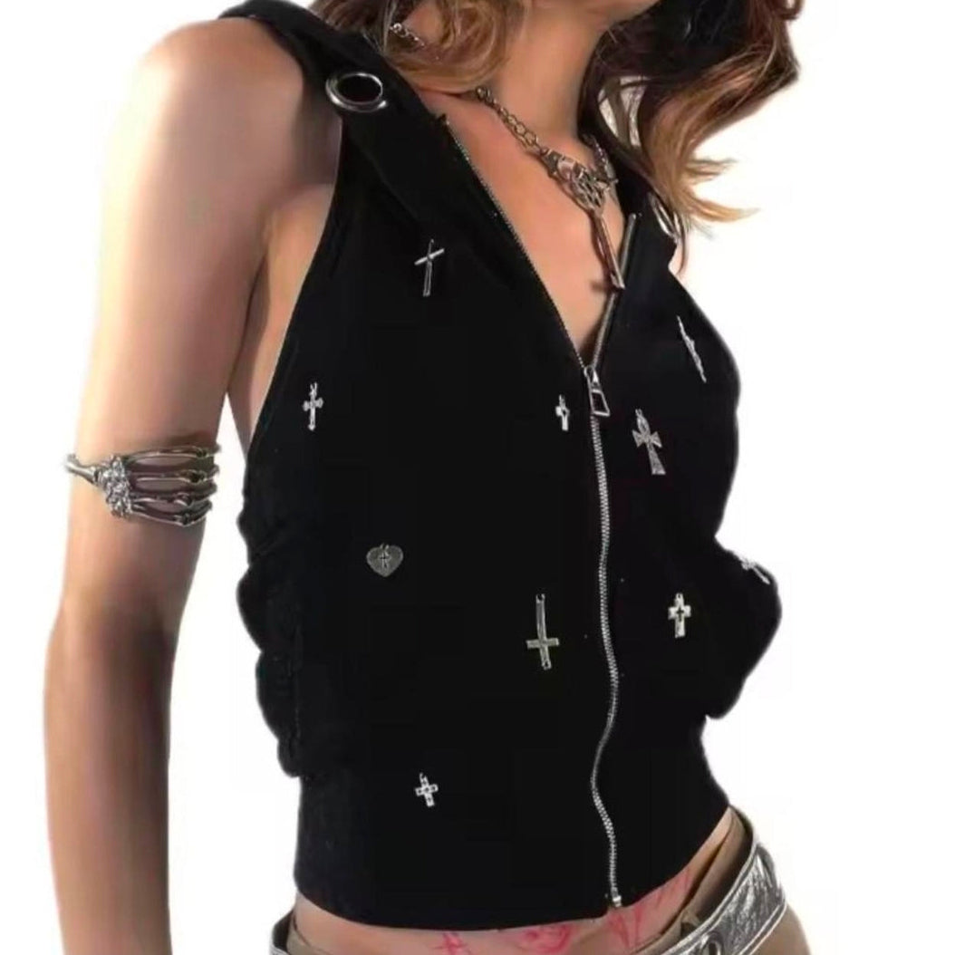 Y2K Sleeveless Silver Eyelets Cross Hoodie Tank Top