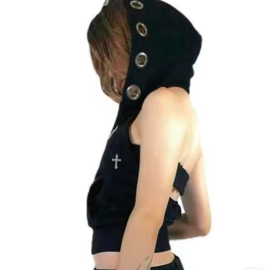 Y2K Sleeveless Silver Eyelets Cross Hoodie Tank Top