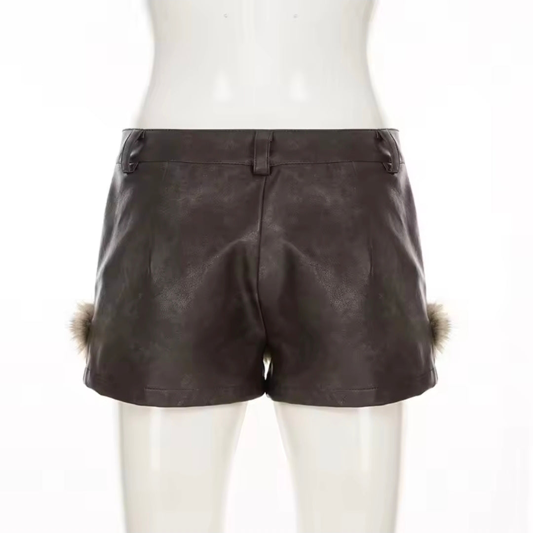 Y2K Leather Fur Patchwork Low Rise Shorts