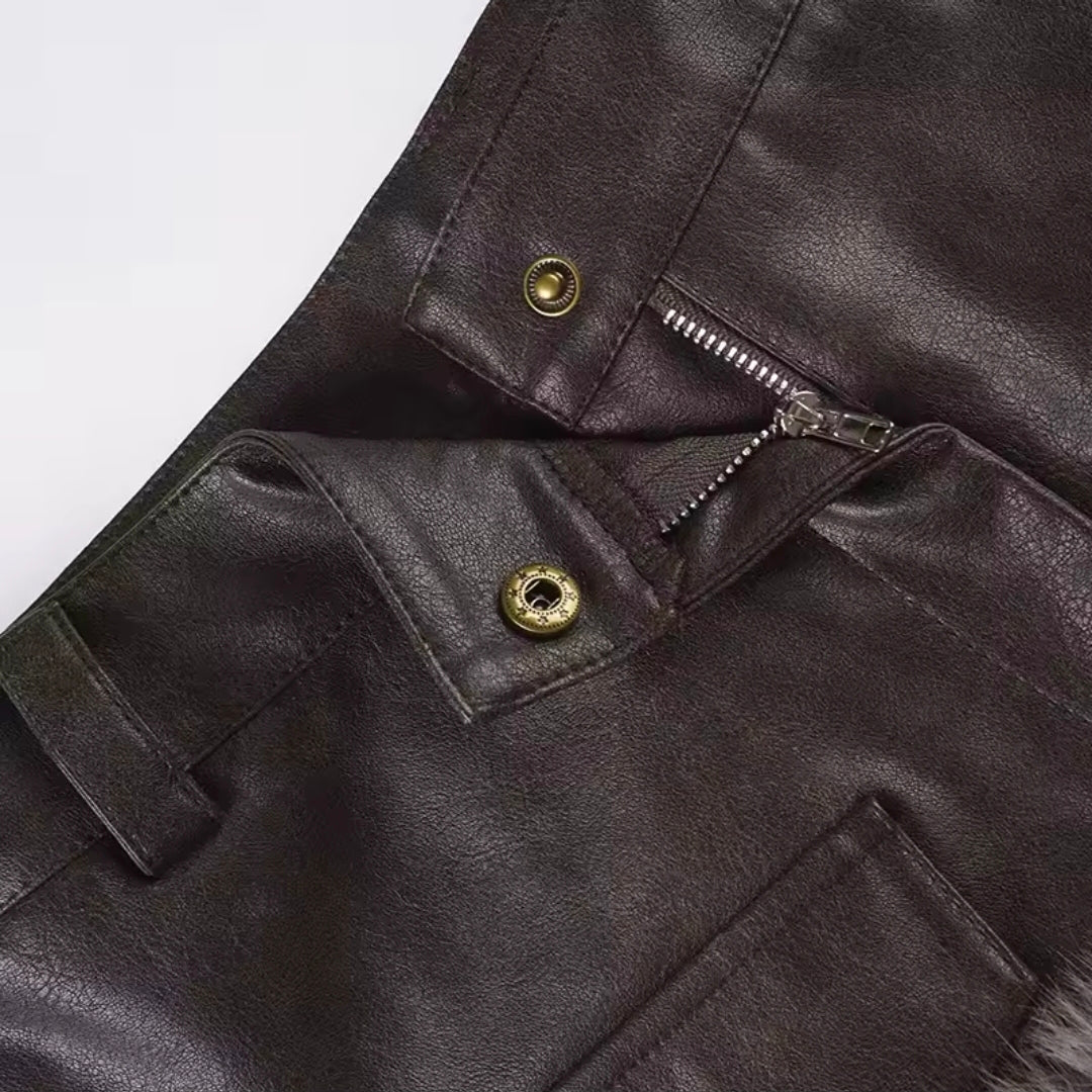Y2K Leather Fur Patchwork Low Rise Shorts