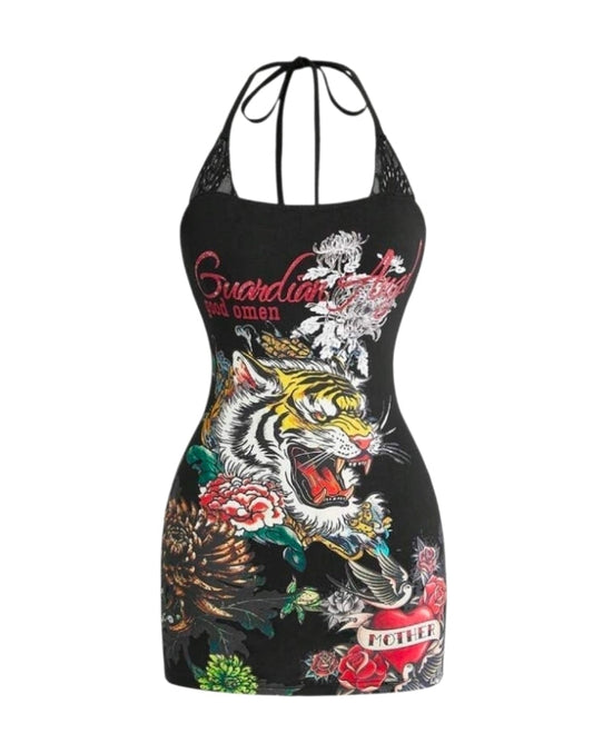 Y2K Retro Halter Neck Graphic Print Short Dress