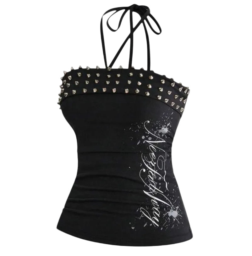 Y2K Graphic Letter Studded Camisole Top