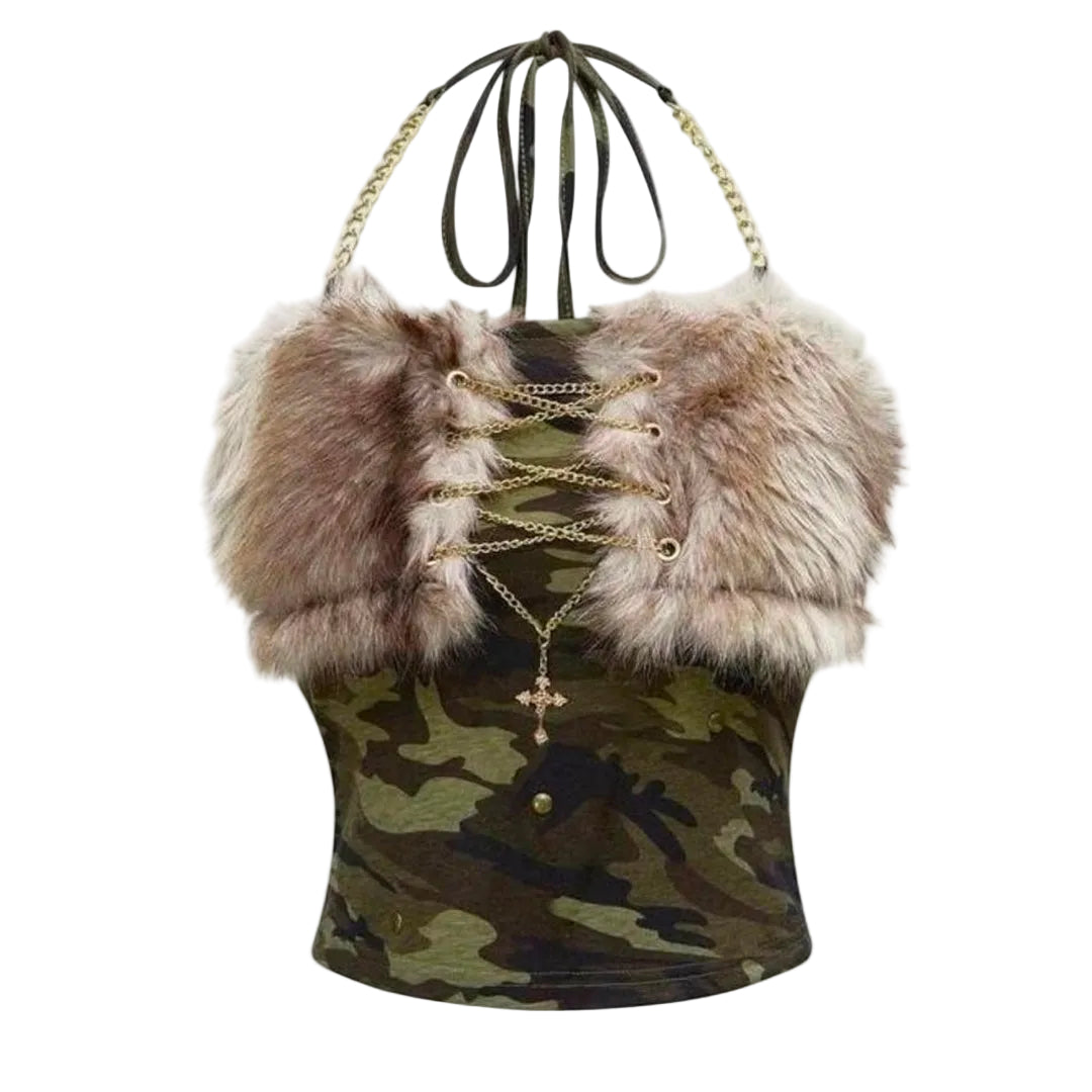 2PCS Camouflage Fur Patchwork Chain Halter Mini Skirt Set
