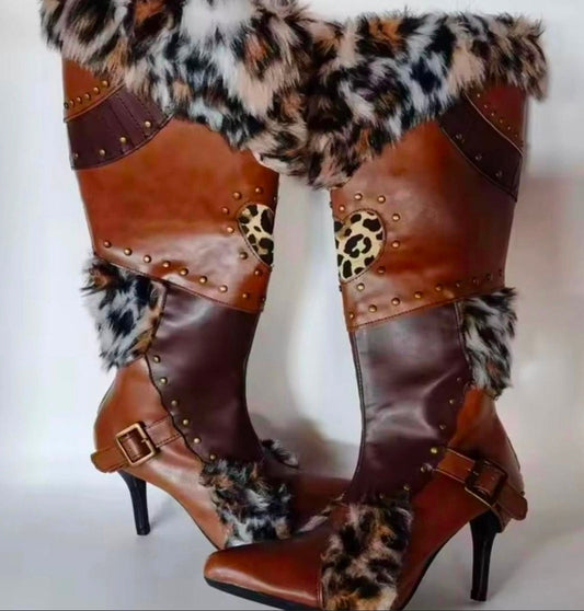 Leopard Fur Studded Knee High Heel Boots