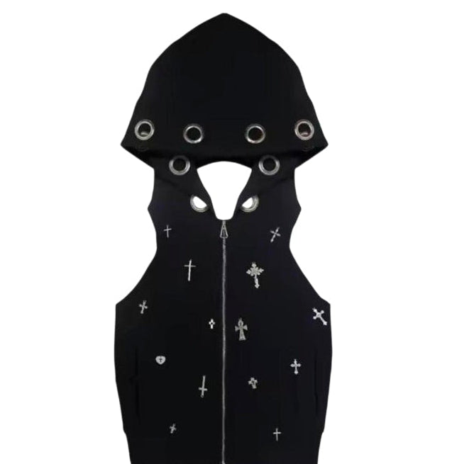 Y2K Sleeveless Silver Eyelets Cross Hoodie Tank Top
