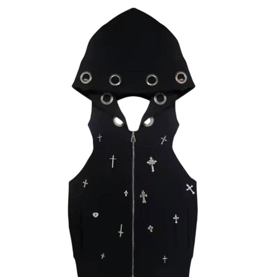 Y2K Sleeveless Silver Eyelets Cross Hoodie Tank Top