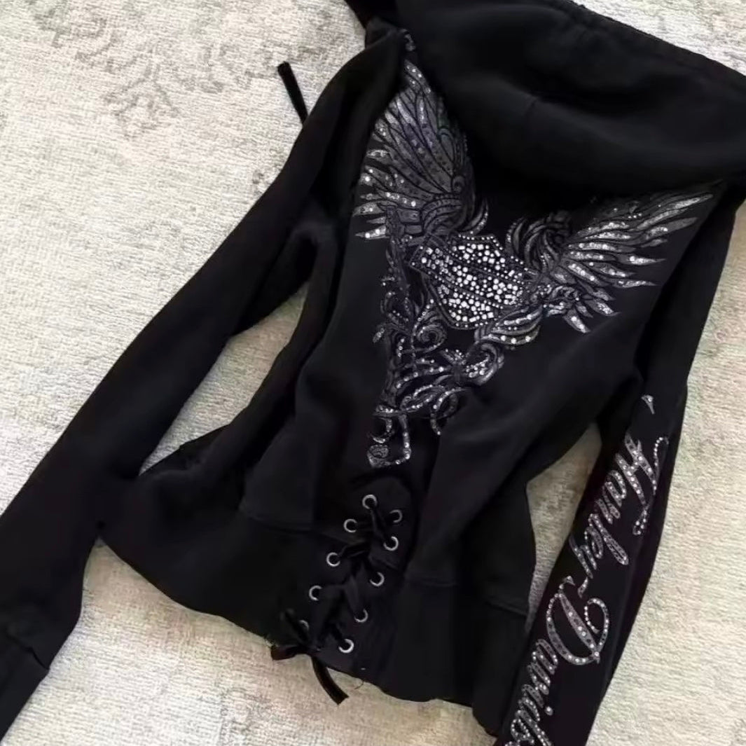 Y2K Graphic Rhinestone Lace-Up Tie Zipper Hoodie
