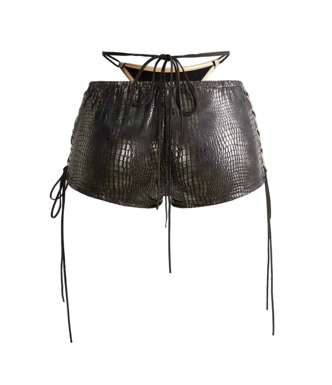 2PCS Leather Lace-Up Bikini Top Shorts Sets